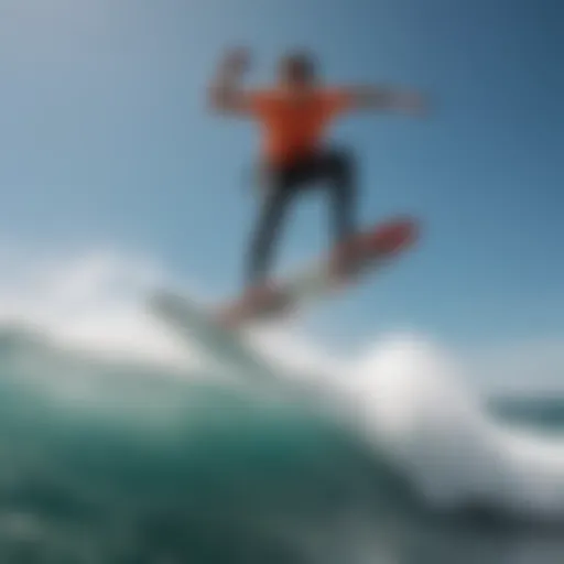 An athlete demonstrating lift surfing on vibrant waves