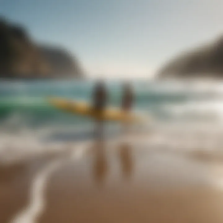 A serene beach scene emphasizing safety measures and surf etiquette.