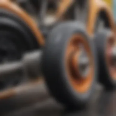 Close-up view of longboard wheels showcasing different durometers