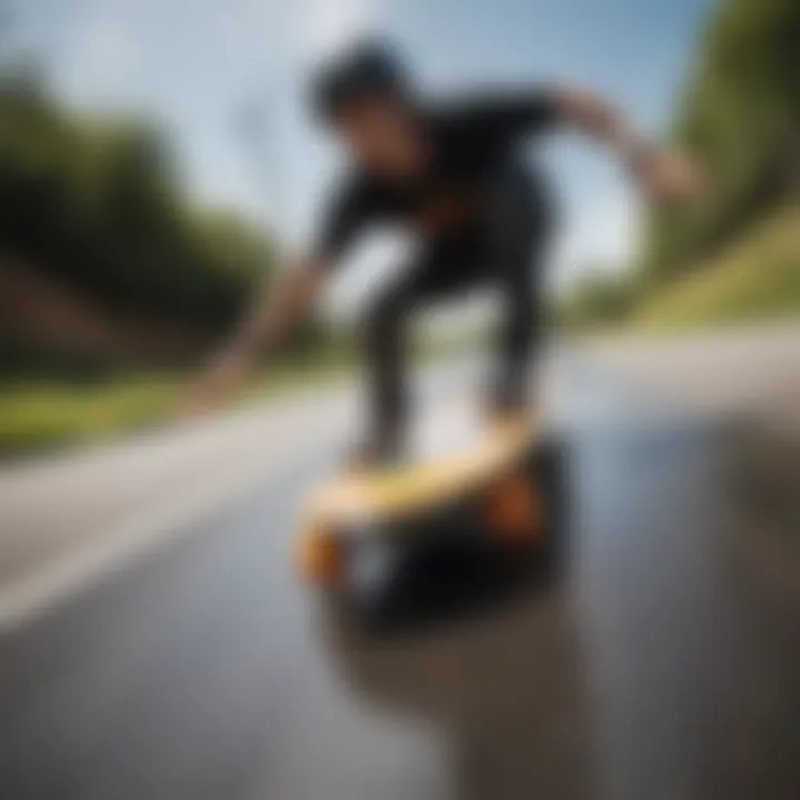 Longboard rider executing a slide with visible wheel contact