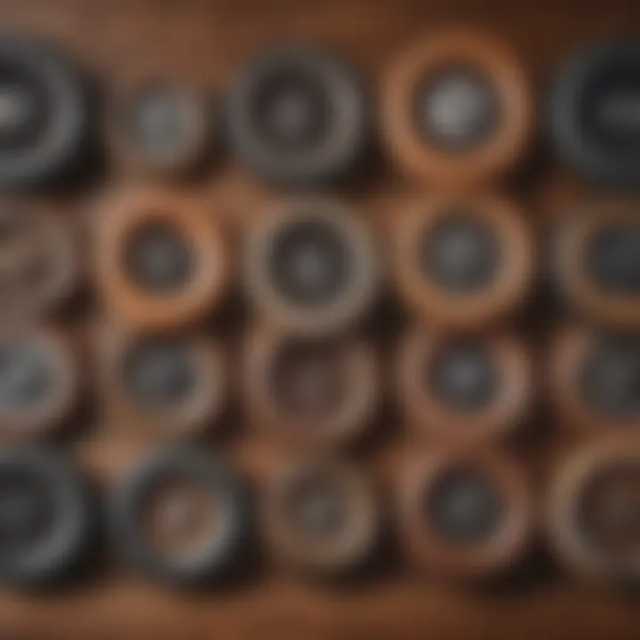 Various longboard wheel shapes displayed on a wooden surface