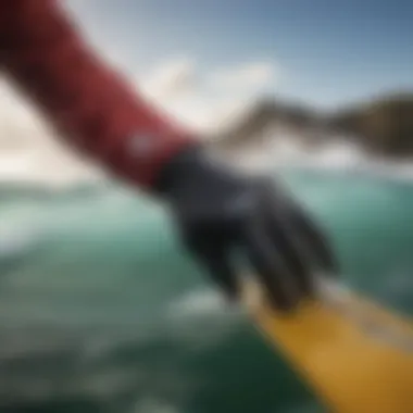 O'Neill surf gloves enhancing performance in ocean conditions O'Neill surf gloves in action on the waves, demonstrating functionality