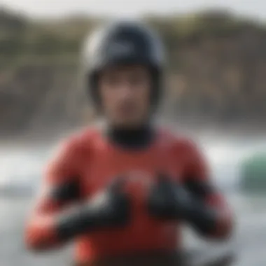 Surf enthusiast experiencing comfort and safety with O'Neill gloves Surf enthusiast using O'Neill gloves, emphasizing comfort and safety