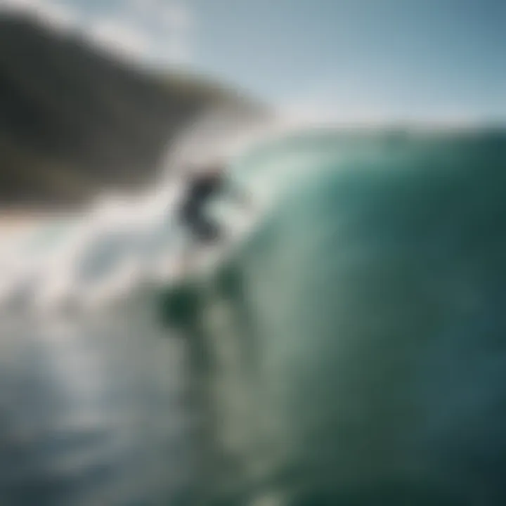 An intermediate surfer catching a wave amidst stunning scenery