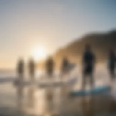 A diverse group of surfers enjoying a sunny day at the beach