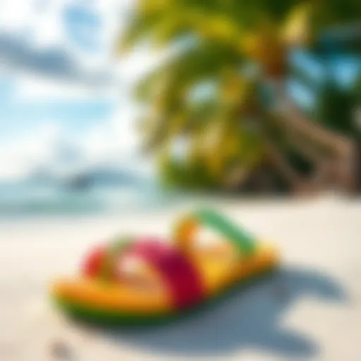 Vibrant beach scene showcasing colorful Rainbow Sandals against a tropical backdrop