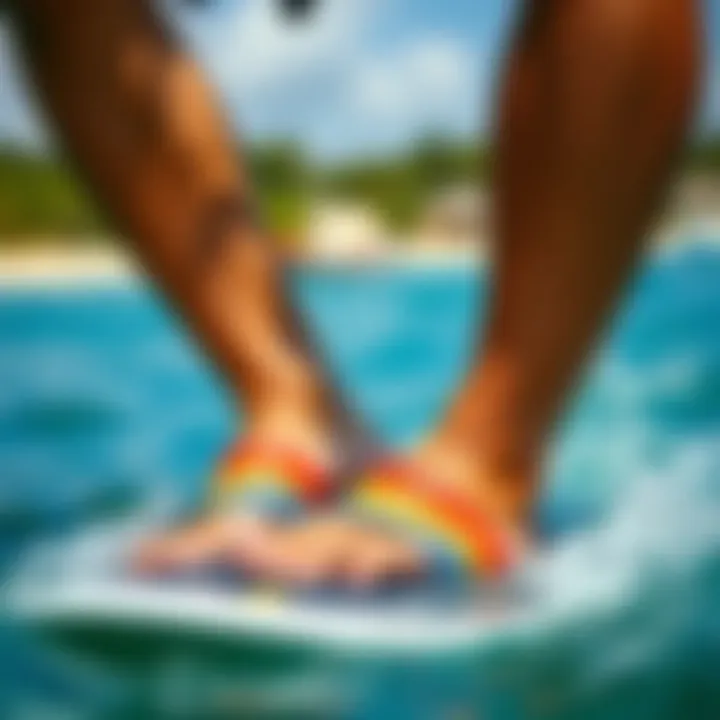 Individual wearing Rainbow Sandals while participating in water sports