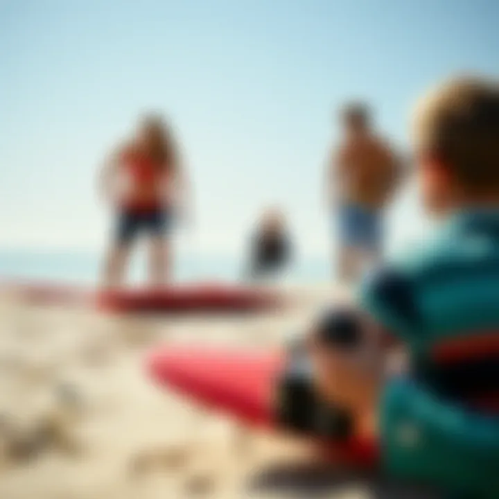 A serene beach setting where enthusiasts engage with remote control surfer toys