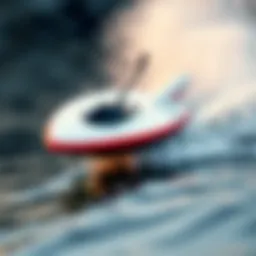 A detailed view of a sleek remote control surfer toy gliding over water