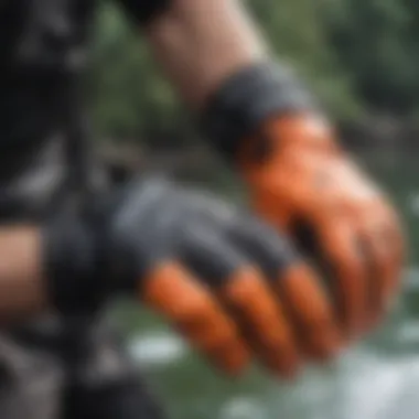 Functional Use of Rip It Gloves in Watersports Close-up of Rip It gloves being worn in a watersport activity, highlighting their functionality and grip