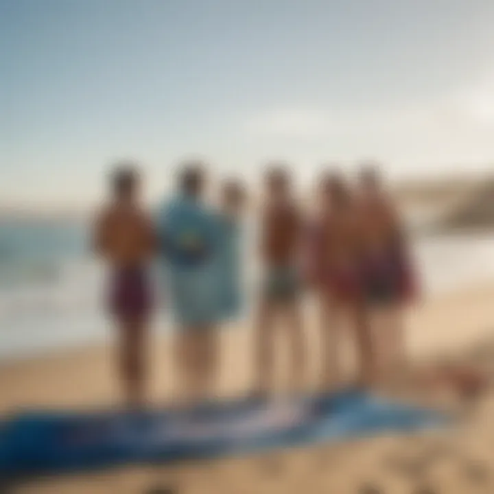 Group of friends enjoying a beach day with the Slowtide Grateful Dead towel.