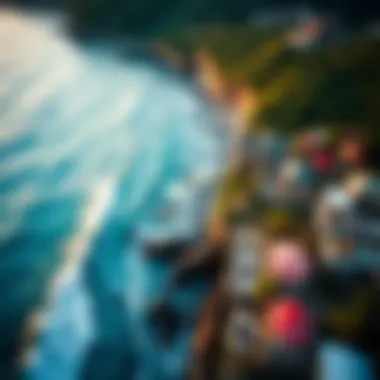 An aerial shot of a vibrant surf camp nestled along the coastline