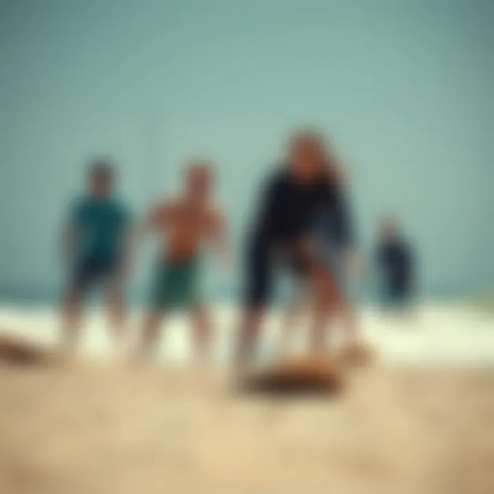 A group of enthusiastic learners practicing surfing techniques on the beach