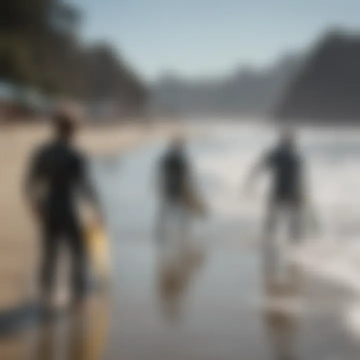 A community beach cleanup event with surfers and locals working together