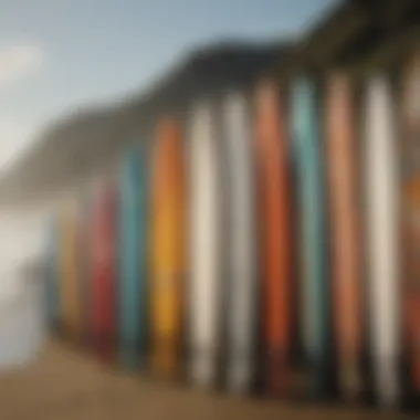 An artistic display of various surfboards lined up against a coastal backdrop