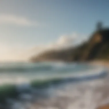 A picturesque view of Byron Bay's coastline with surfers riding the waves.