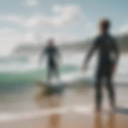 A dynamic surf lesson with enthusiastic instructors guiding students.