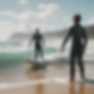 Guided Surf Lesson in Byron Bay A dynamic surf lesson with enthusiastic instructors guiding students.