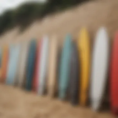 An array of surfboards lined up on the sandy beach, showcasing different styles and colors.