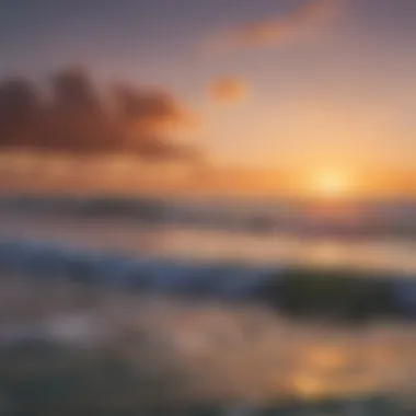 A vibrant sunset over the ocean with surfers in the distance