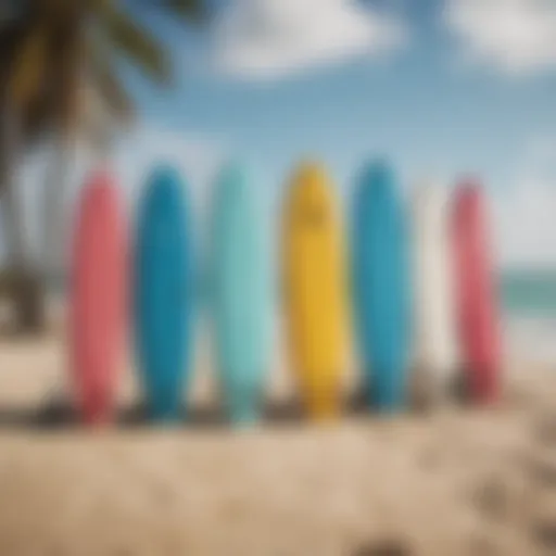 Surfboards lined up on the sandy beach