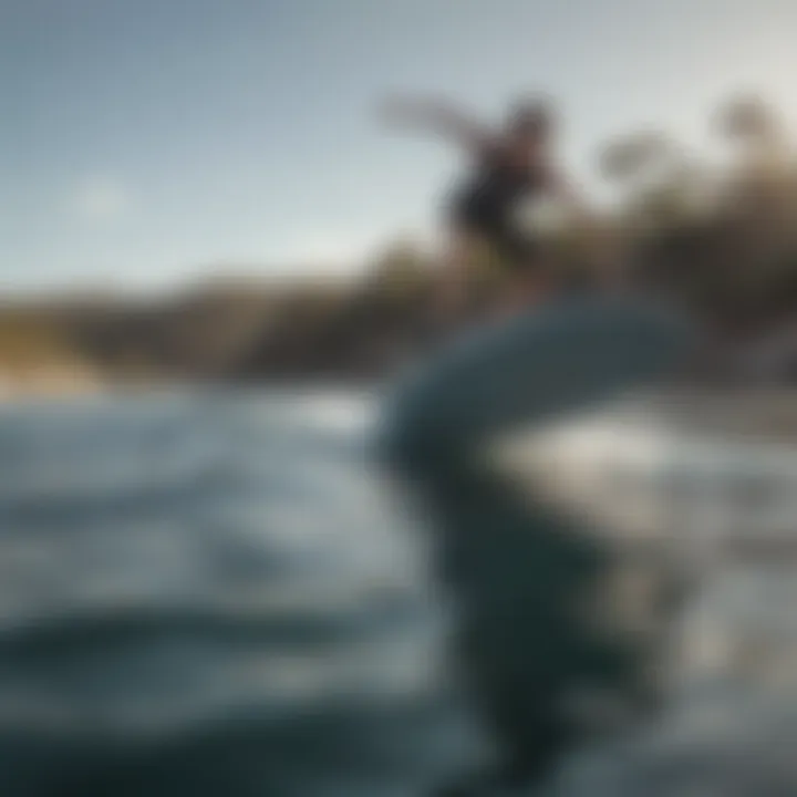 A serene watersport scene featuring an individual riding a surface softboard on calm waters.