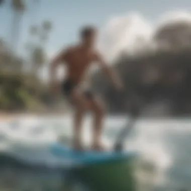 User engaging with a surfing exercise machine, demonstrating its functionality.