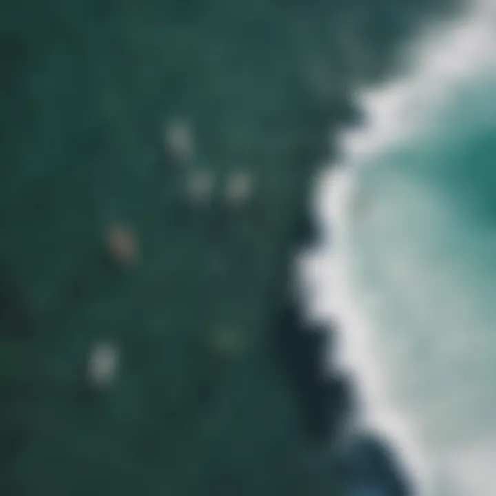 An aerial shot of surfers gathering at a popular surf break, highlighting local surf culture