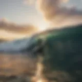 A breathtaking view of a surfer riding a wave at sunset on the Big Island