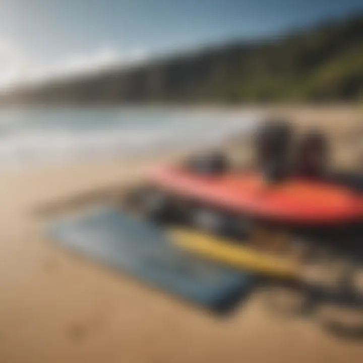 Illustration of essential surf equipment laid out on a sandy beach