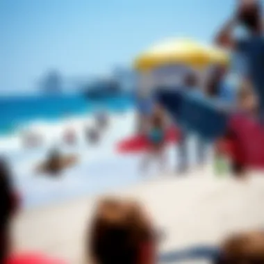Beach Scene with Surfers and Spectators A vibrant beach scene with surfers and spectators
