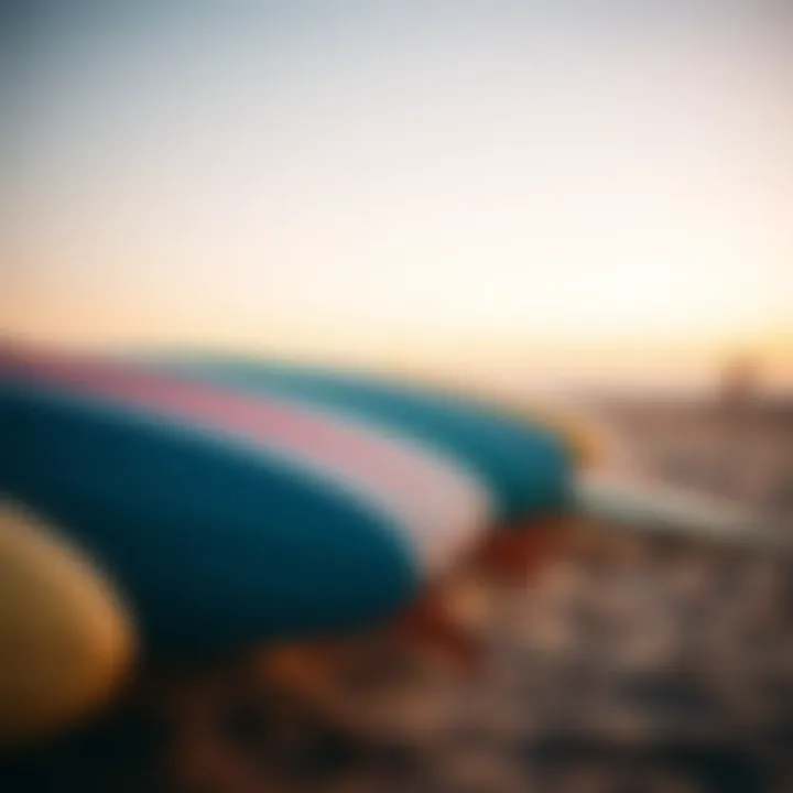 Close-up of surfboards lined up on the sandy beach
