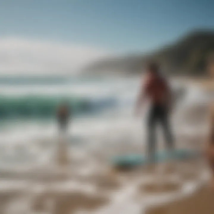 A group of surfers discussing surf conditions with an app open