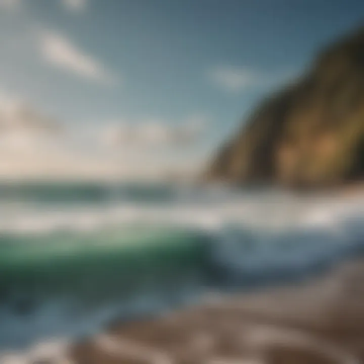 A serene beach scene with waves breaking, hinting at surf potential