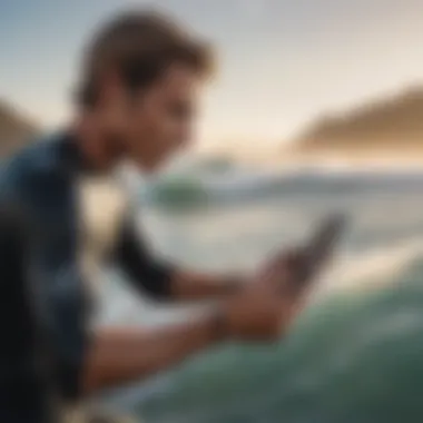 Surfer Utilizing Technology for Optimal Conditions A surfer checking an app for surf conditions on a smartphone