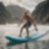 Dynamic surfing action on inflatable surfboard