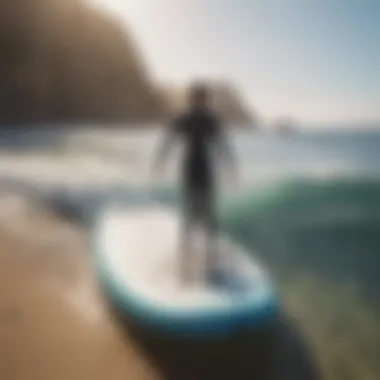 Detailed view of inflatable surfboard features