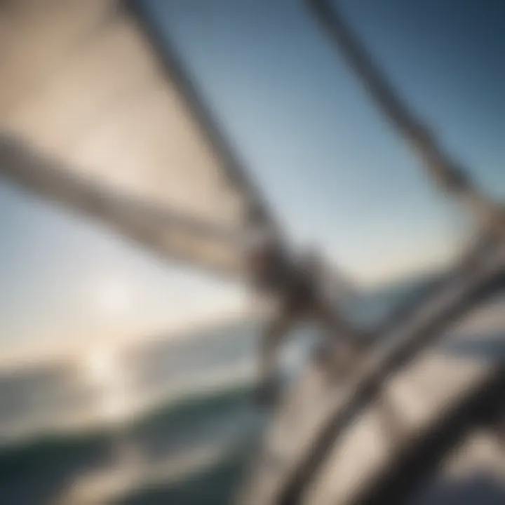 A sailor wearing a harness while on a sailboat during a competition