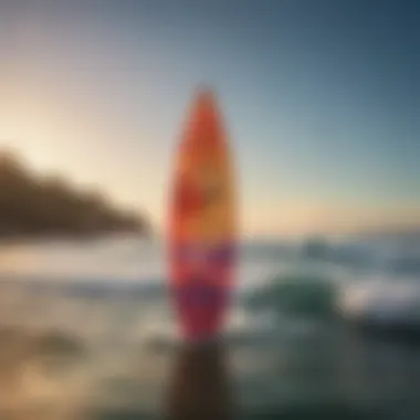 Artistic representation of an origami surfboard against a serene ocean backdrop