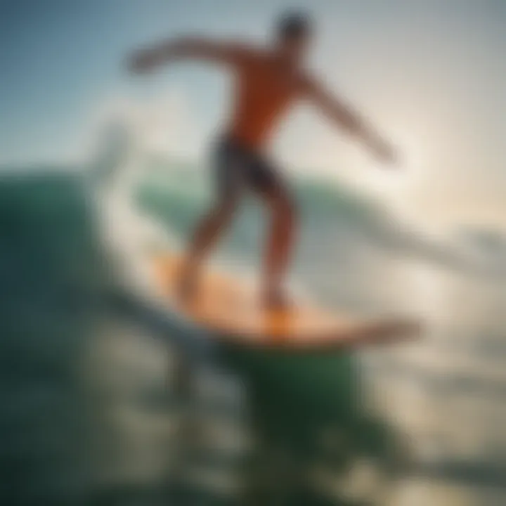 A surfer riding a wave on an origami-inspired surfboard