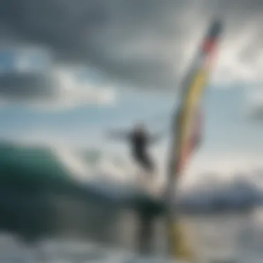 A windsurfer navigating through distinct wave patterns, highlighting skill and technique.