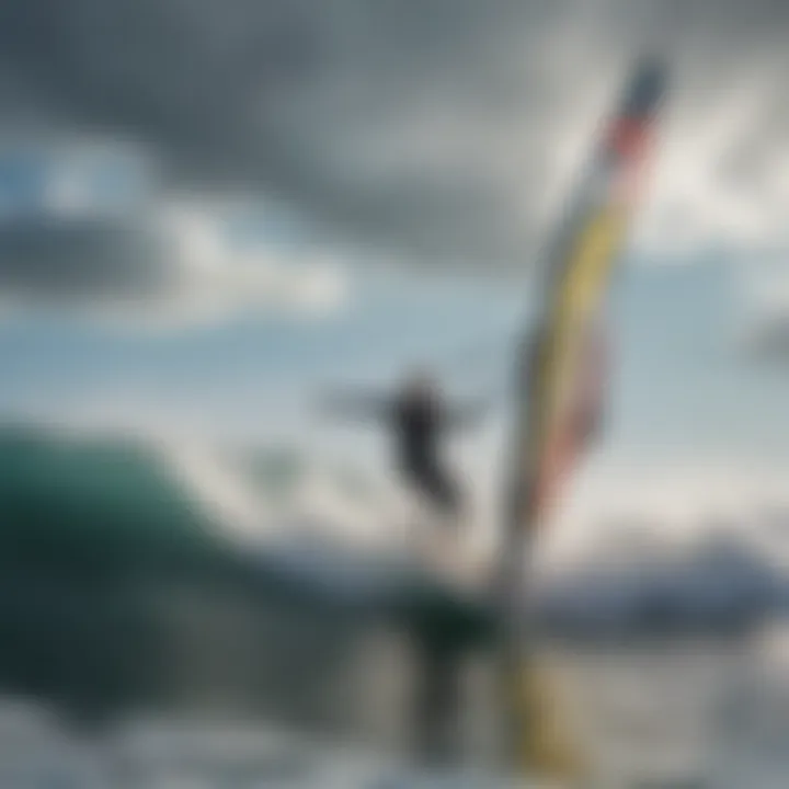 A windsurfer navigating through distinct wave patterns, highlighting skill and technique.