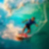 Surfer riding a digital wave in a vibrant virtual environment