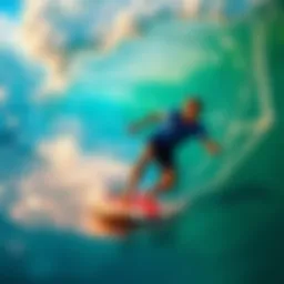 Surfer riding a digital wave in a vibrant virtual environment