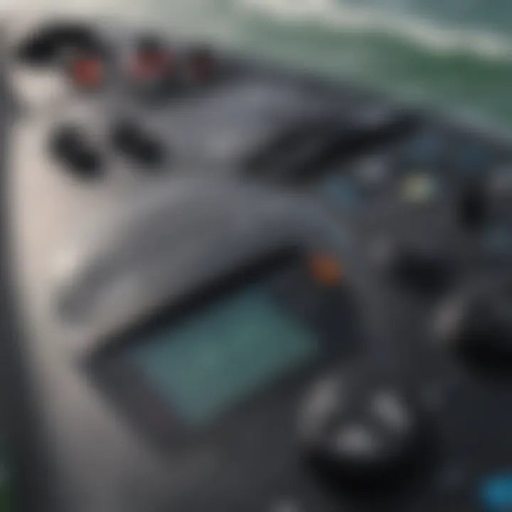 Close-up view of an e-surfboard's control panel and battery system