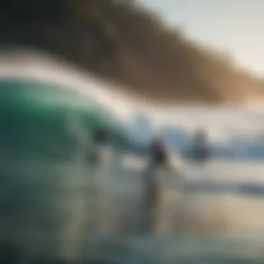 A group of surfers enjoying e-surfboards in a vibrant coastal setting