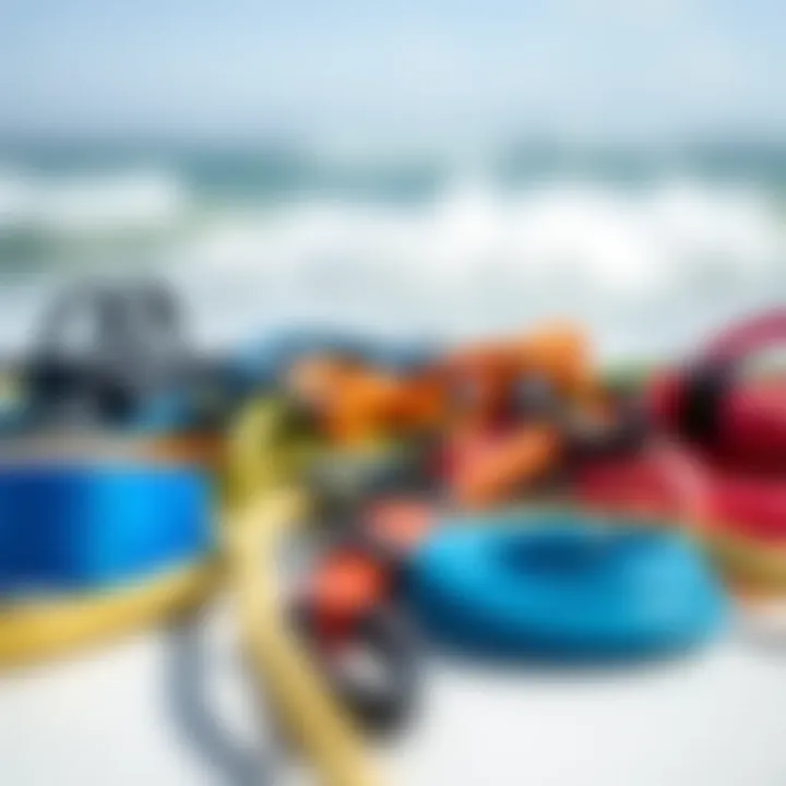 An array of various kitesurfing leashes highlighting different styles and materials