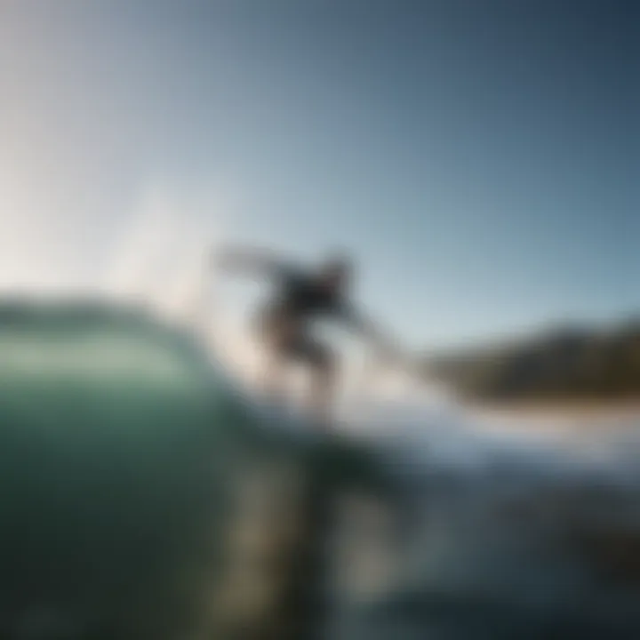 A skilled skimboarder performing tricks in shallow waters.