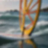 A close-up view of a sleek SUP windsurf board showcasing its unique design features.