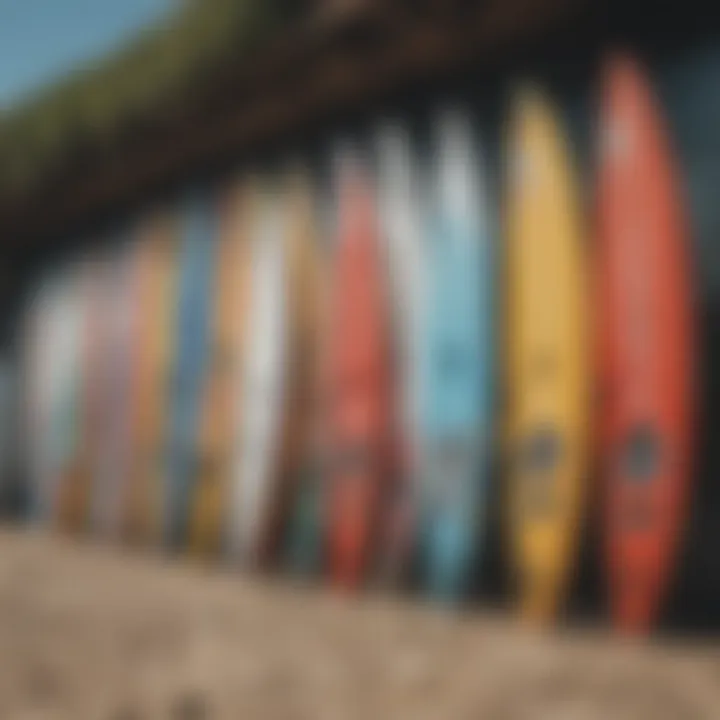 A collection of various SUP windsurf boards displayed together, highlighting equipment diversity.